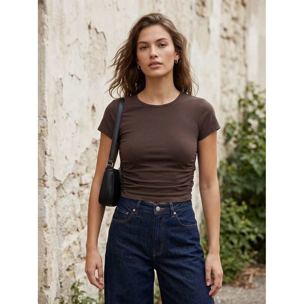 Aritzia Tna Homestretch Ruched T-Shirt Brown Short Sleeve Top CSJ3-10197-21